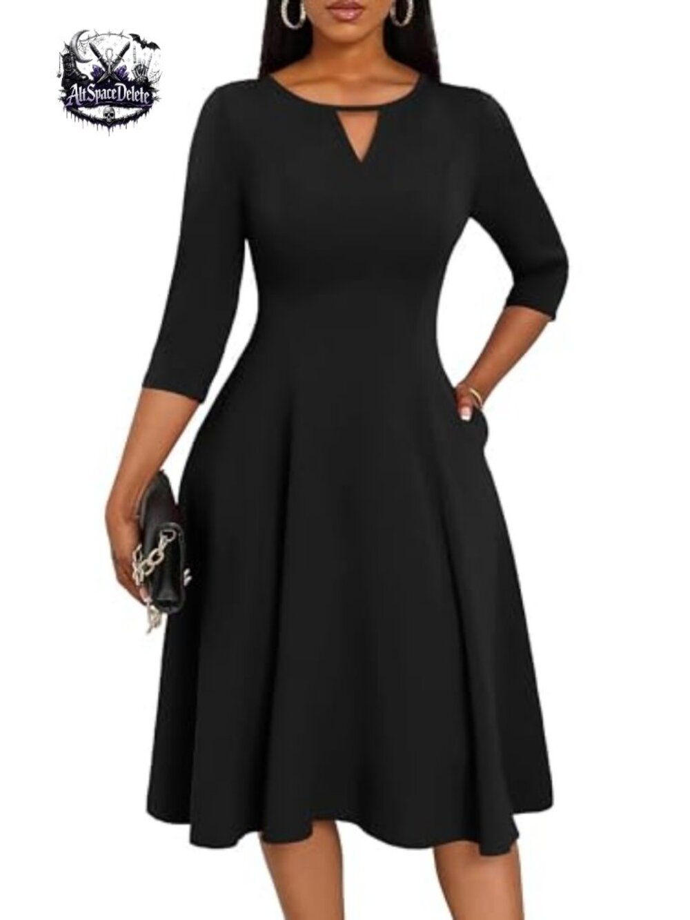 Women's Keyhole Midi Dress 3/4 Sleeve A-Line Fit & Flare with Pockets